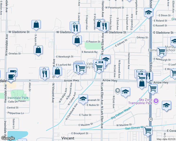 map of restaurants, bars, coffee shops, grocery stores, and more near 5245 North Gareloch Avenue in Azusa