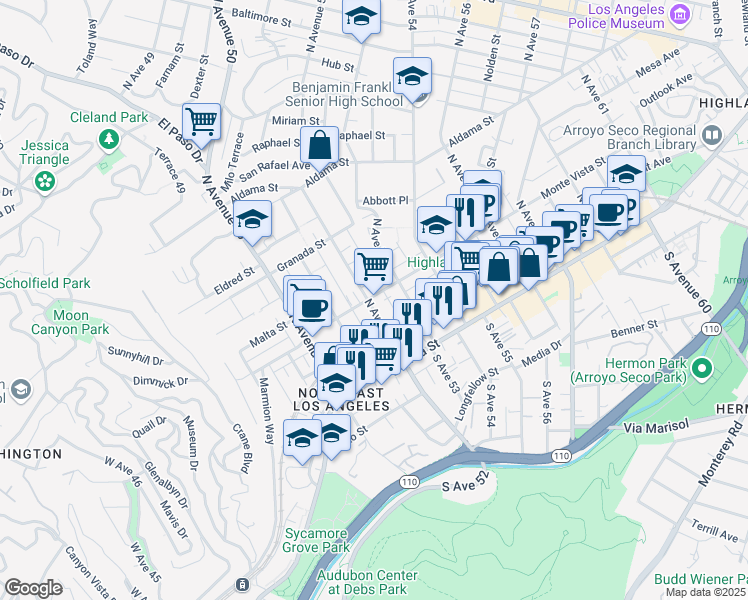 map of restaurants, bars, coffee shops, grocery stores, and more near 281 South Avenue 52 in Los Angeles