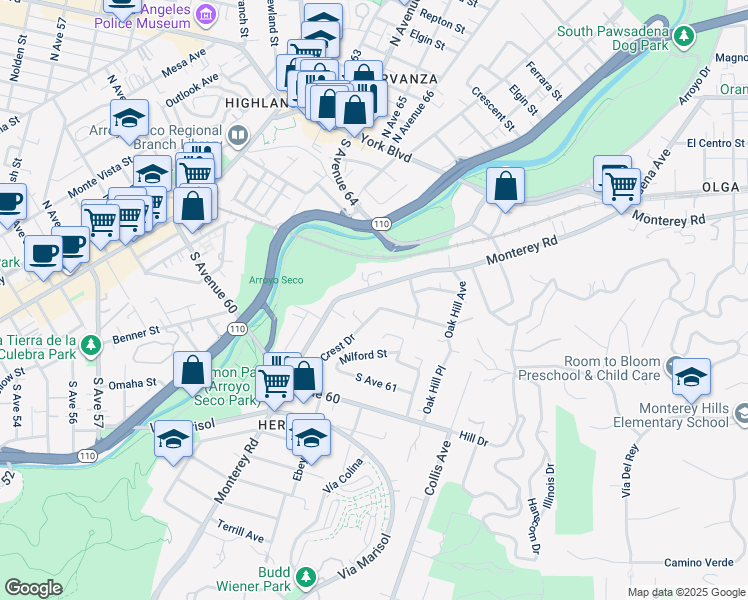 map of restaurants, bars, coffee shops, grocery stores, and more near 6336 Monterey Road in Los Angeles