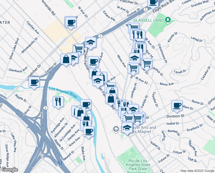 map of restaurants, bars, coffee shops, grocery stores, and more near 2556 West Avenue 30 in Los Angeles