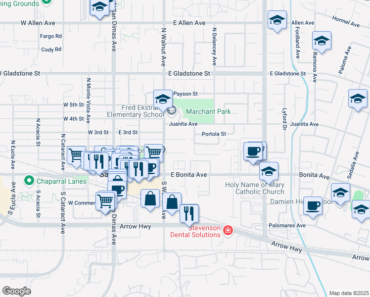 map of restaurants, bars, coffee shops, grocery stores, and more near 357 Dakota Court in San Dimas