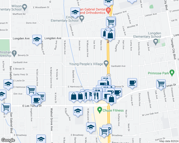 map of restaurants, bars, coffee shops, grocery stores, and more near 6030 North Muscatel Avenue in San Gabriel