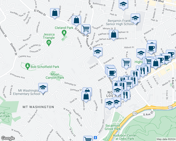 map of restaurants, bars, coffee shops, grocery stores, and more near 4880 Eldred Street in Los Angeles