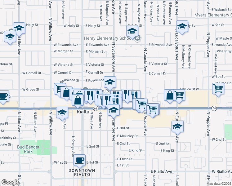 map of restaurants, bars, coffee shops, grocery stores, and more near 451 North Sycamore Avenue in Rialto