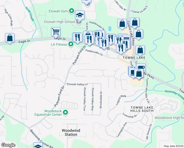 map of restaurants, bars, coffee shops, grocery stores, and more near 221 Eagle Glen Way in Woodstock