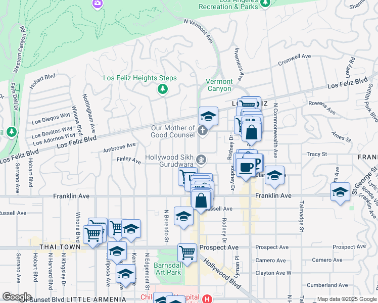 map of restaurants, bars, coffee shops, grocery stores, and more near 2025 North New Hampshire Avenue in Los Angeles