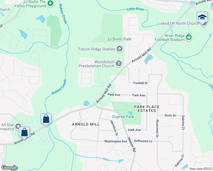 map of restaurants, bars, coffee shops, grocery stores, and more near 327 Arnold Mill Road in Woodstock