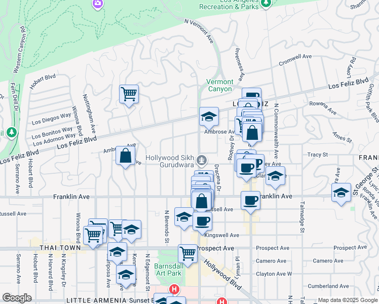 map of restaurants, bars, coffee shops, grocery stores, and more near 2030 North New Hampshire Avenue in Los Angeles