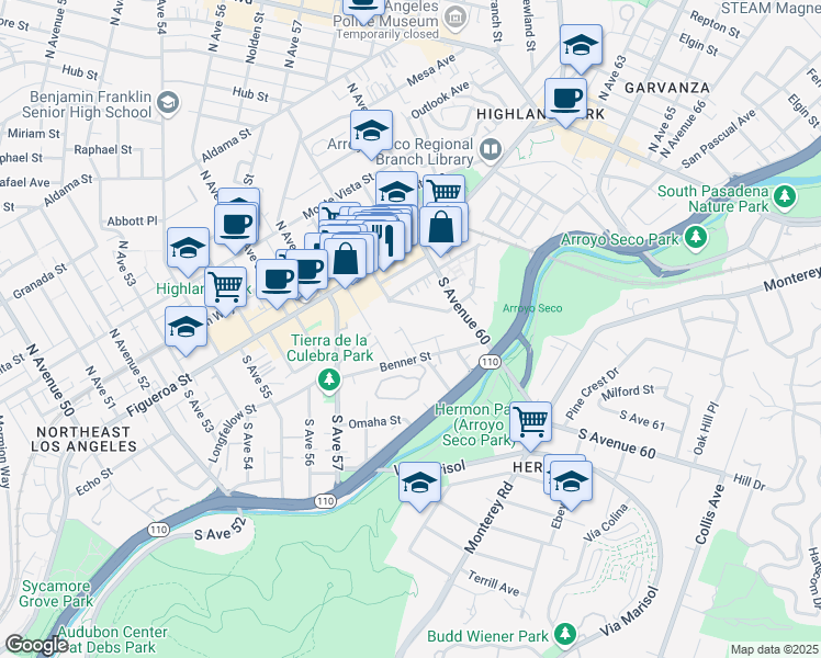 map of restaurants, bars, coffee shops, grocery stores, and more near 209 South Avenue 59 in Los Angeles