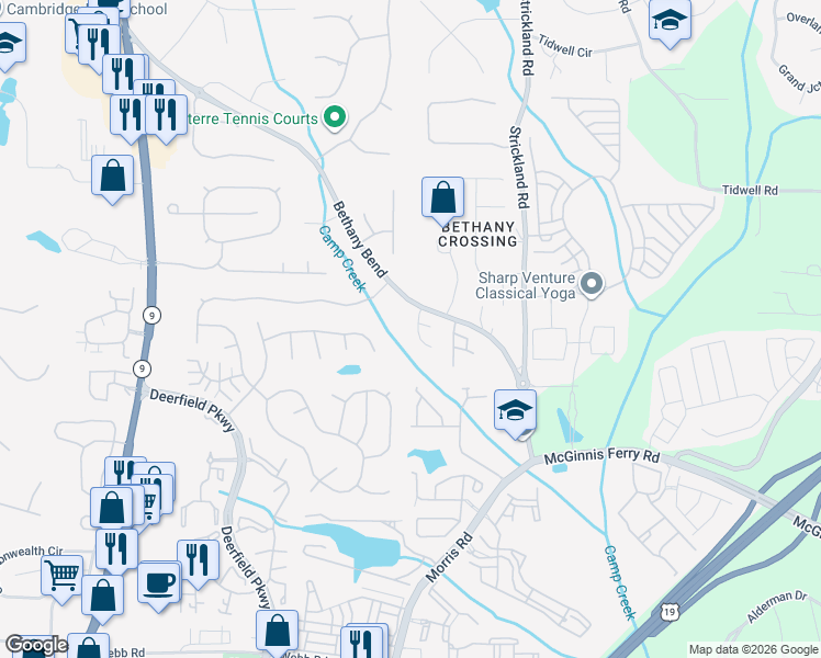 map of restaurants, bars, coffee shops, grocery stores, and more near 205 Galecrest Drive in Alpharetta