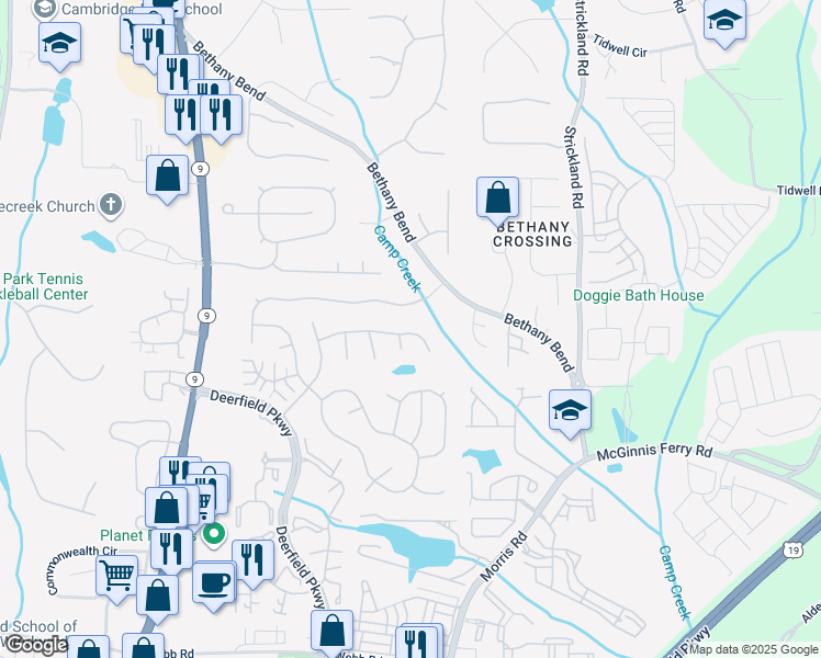 map of restaurants, bars, coffee shops, grocery stores, and more near 3350 Sonata Lane in Alpharetta