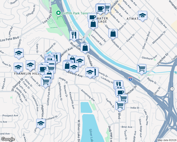 map of restaurants, bars, coffee shops, grocery stores, and more near 2818 1/2 Waverly Drive in Los Angeles