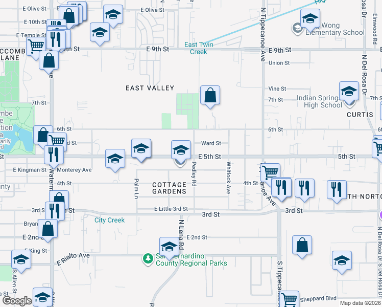 map of restaurants, bars, coffee shops, grocery stores, and more near 7990 Pedley Road in San Bernardino