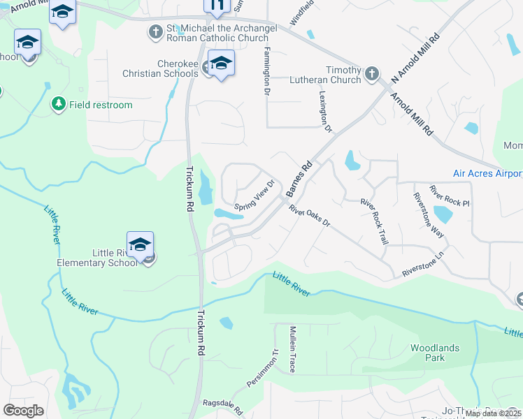 map of restaurants, bars, coffee shops, grocery stores, and more near 427 Spring View Drive in Woodstock