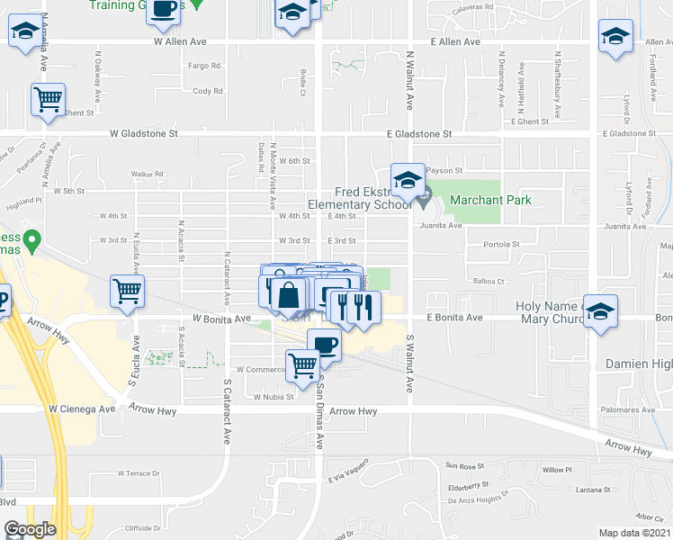 map of restaurants, bars, coffee shops, grocery stores, and more near 118 East 2nd Street in San Dimas