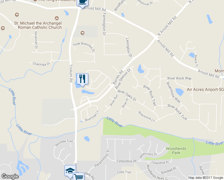 map of restaurants, bars, coffee shops, grocery stores, and more near 102 River Oaks Drive in Woodstock