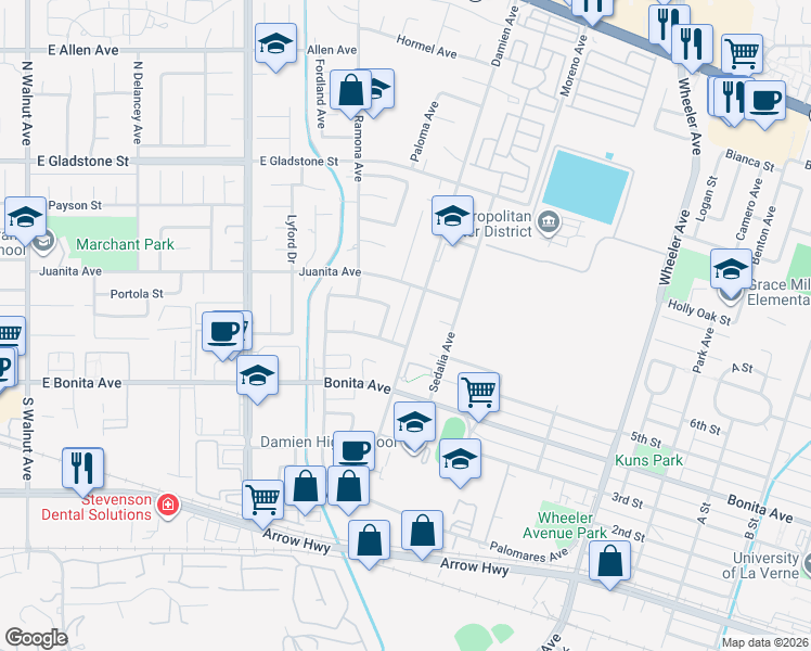 map of restaurants, bars, coffee shops, grocery stores, and more near 2641 Damien Avenue in La Verne
