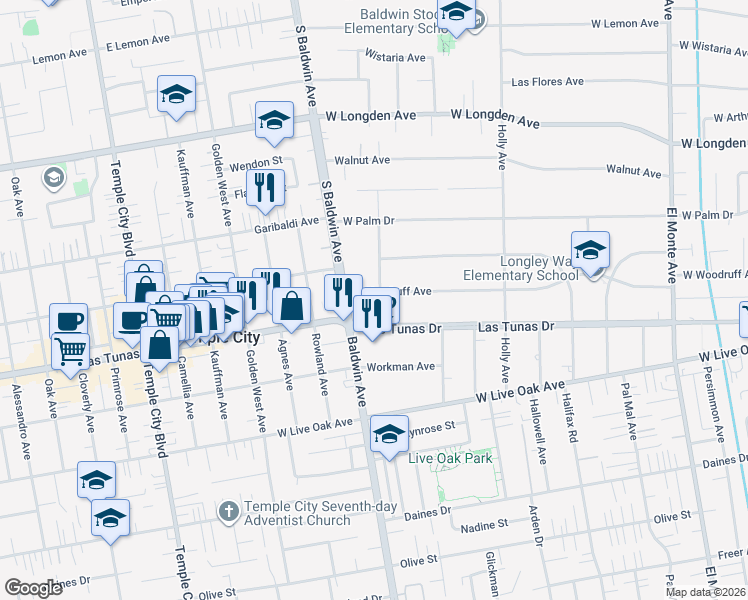 map of restaurants, bars, coffee shops, grocery stores, and more near 602 West Woodruff Avenue in Arcadia