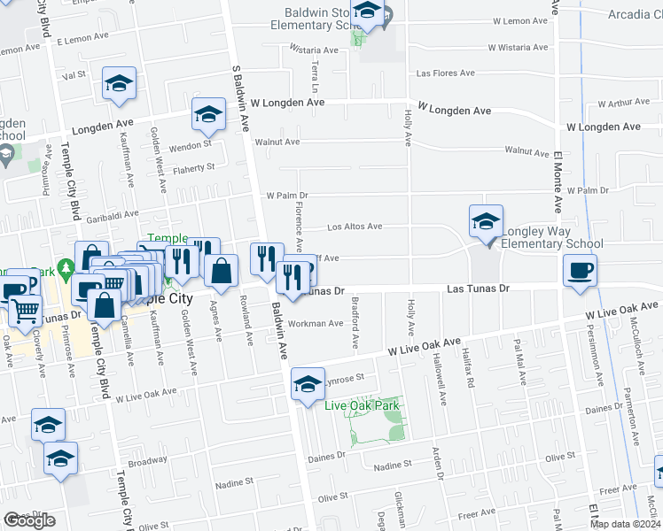 map of restaurants, bars, coffee shops, grocery stores, and more near 502 West Woodruff Avenue in Arcadia
