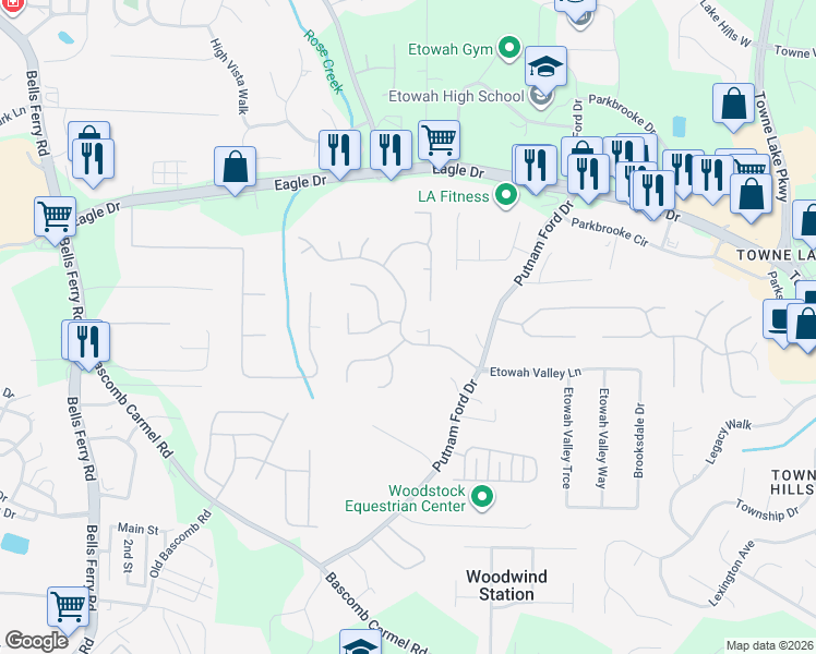 map of restaurants, bars, coffee shops, grocery stores, and more near 2020 Spicers Lane in Woodstock