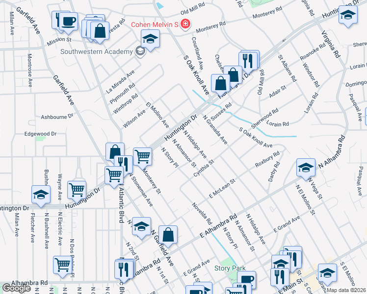 map of restaurants, bars, coffee shops, grocery stores, and more near 1124 North Almansor Street in Alhambra