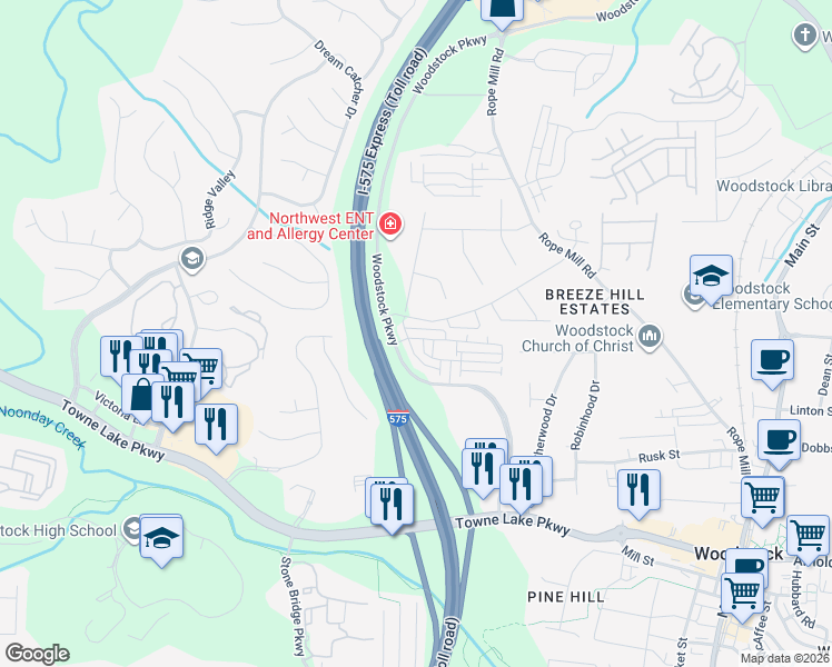 map of restaurants, bars, coffee shops, grocery stores, and more near 620 Ravenwood Drive in Woodstock