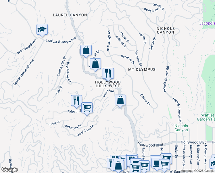 map of restaurants, bars, coffee shops, grocery stores, and more near 2059 Laurel Canyon Boulevard in Los Angeles