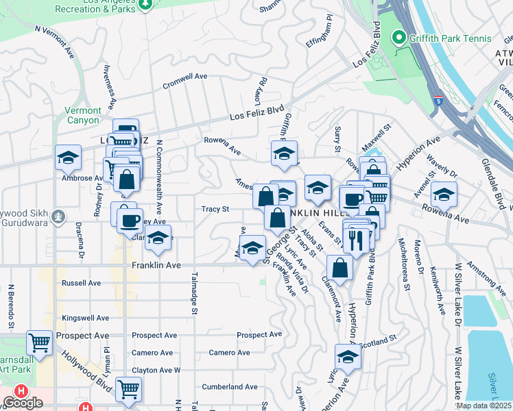 map of restaurants, bars, coffee shops, grocery stores, and more near 2005 Ames Street in Los Angeles