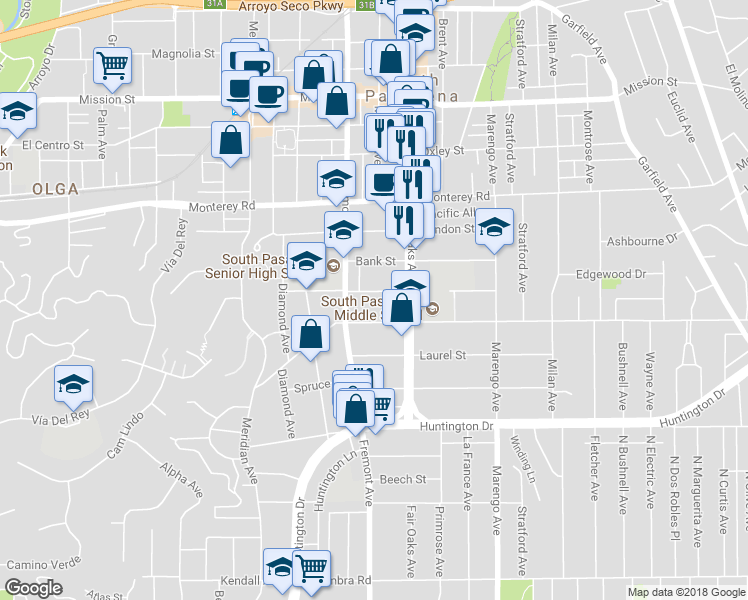 map of restaurants, bars, coffee shops, grocery stores, and more near 1425 Rollin Street in South Pasadena