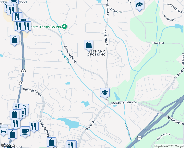 map of restaurants, bars, coffee shops, grocery stores, and more near 3504 Spring View Court in Alpharetta