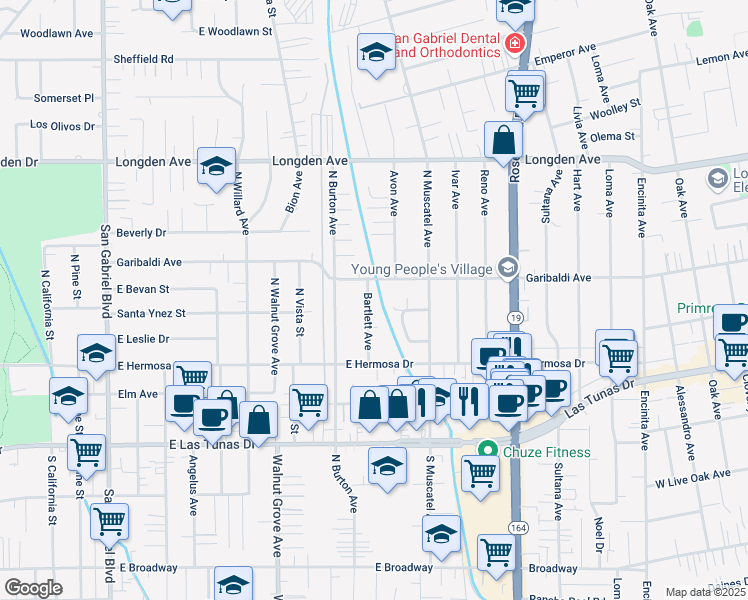 map of restaurants, bars, coffee shops, grocery stores, and more near 6027 Bartlett Avenue in San Gabriel