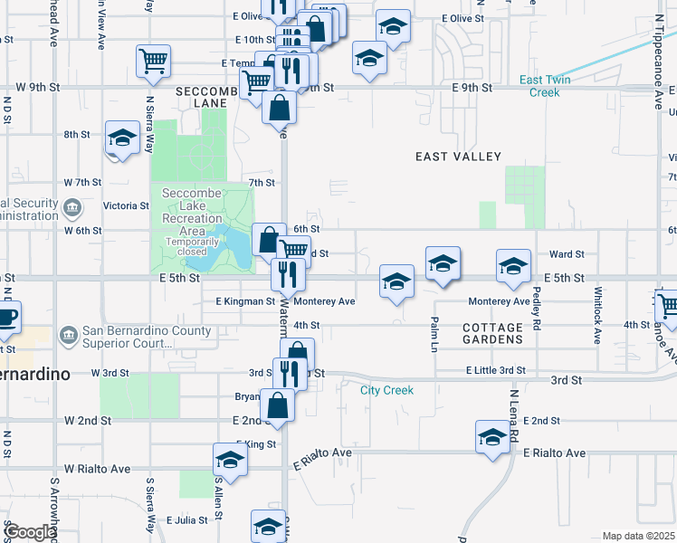map of restaurants, bars, coffee shops, grocery stores, and more near 24222 5th Street in San Bernardino