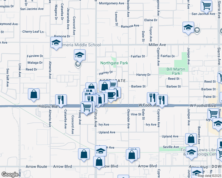 map of restaurants, bars, coffee shops, grocery stores, and more near 16177 Barbee Street in Fontana