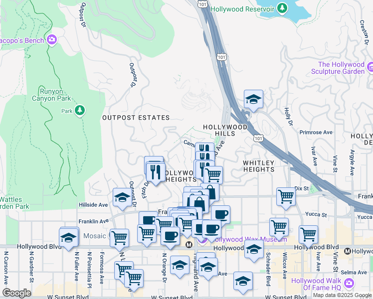 map of restaurants, bars, coffee shops, grocery stores, and more near 2064 Glencoe Way in Los Angeles