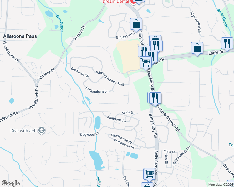 map of restaurants, bars, coffee shops, grocery stores, and more near 504 Brolley Place in Woodstock