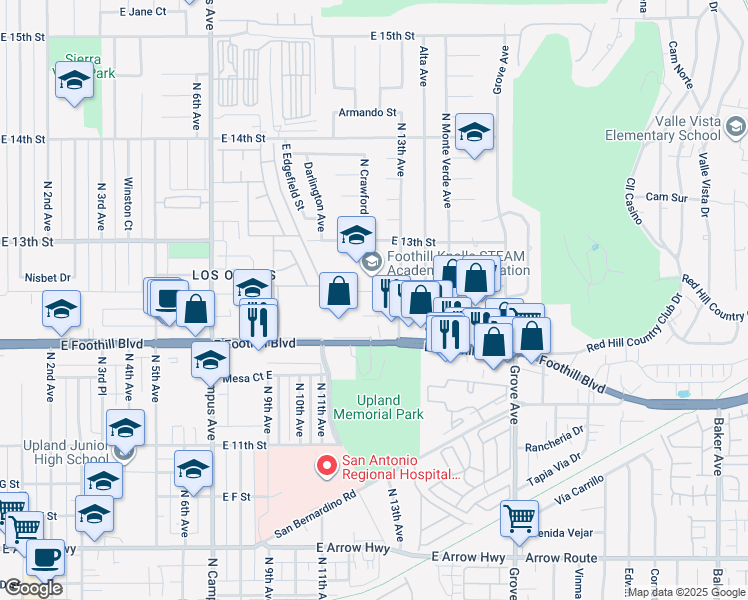 map of restaurants, bars, coffee shops, grocery stores, and more near 1256 Veterans Court in Upland