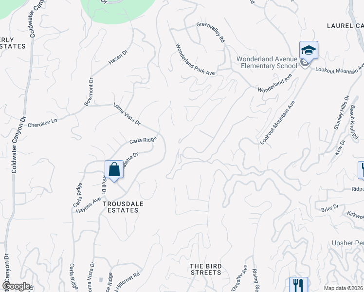 map of restaurants, bars, coffee shops, grocery stores, and more near 9003 Wonderland Avenue in Los Angeles
