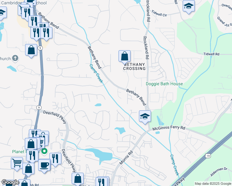 map of restaurants, bars, coffee shops, grocery stores, and more near 195 Galecrest Drive in Alpharetta