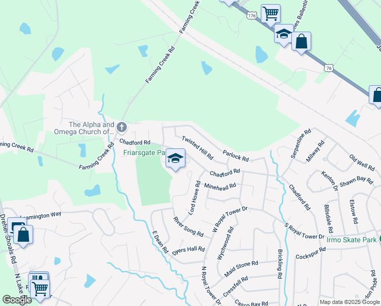 map of restaurants, bars, coffee shops, grocery stores, and more near 1435 Chadford Road in Irmo
