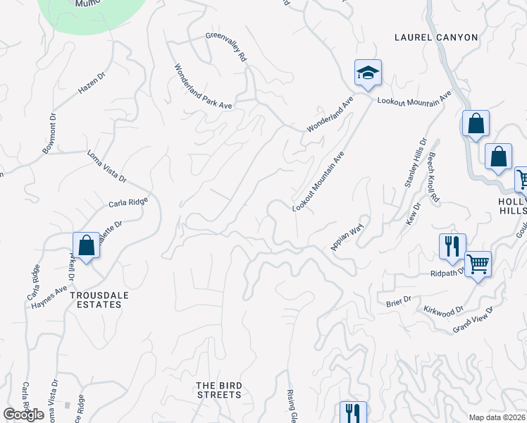 map of restaurants, bars, coffee shops, grocery stores, and more near 8811 Lookout Mountain Avenue in Los Angeles