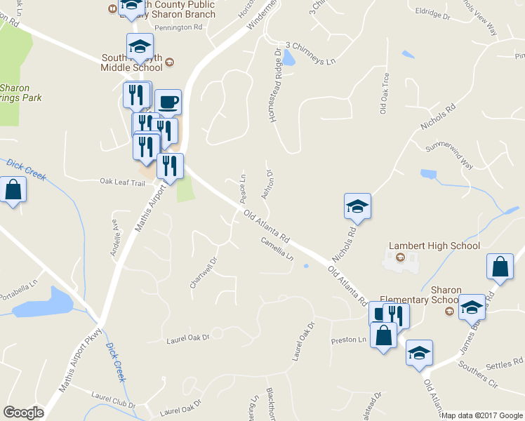 map of restaurants, bars, coffee shops, grocery stores, and more near 3335 Ashton Drive in Suwanee