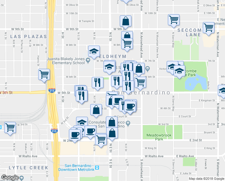 map of restaurants, bars, coffee shops, grocery stores, and more near 501 North E Street in San Bernardino