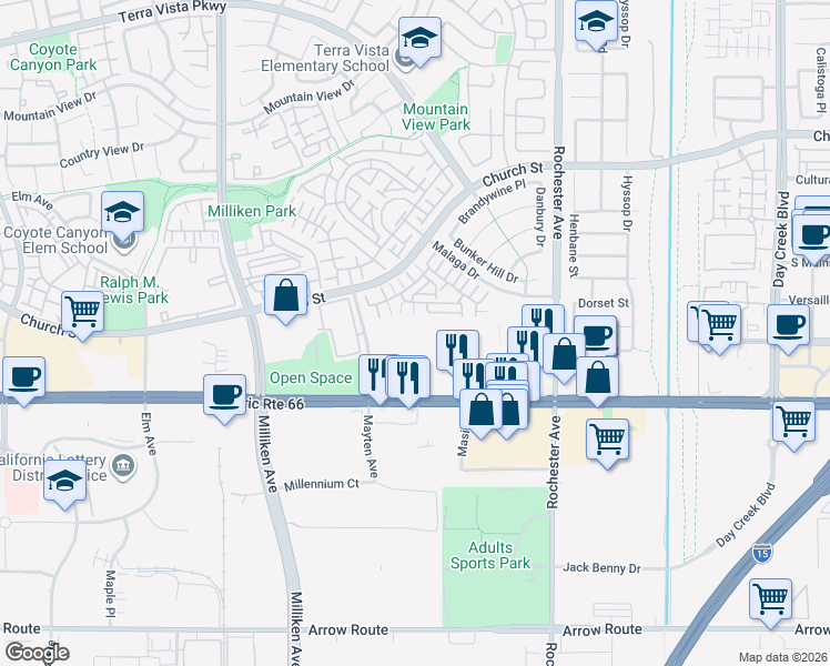map of restaurants, bars, coffee shops, grocery stores, and more near 11755 Malaga Drive in Rancho Cucamonga
