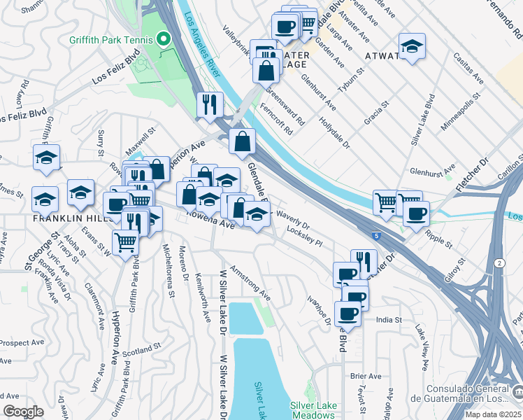 map of restaurants, bars, coffee shops, grocery stores, and more near 2818 1/2 Waverly Drive in Los Angeles