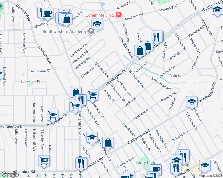 map of restaurants, bars, coffee shops, grocery stores, and more near 1124 North Almansor Street in Alhambra