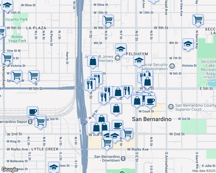 map of restaurants, bars, coffee shops, grocery stores, and more near 696 West 5th Street in San Bernardino
