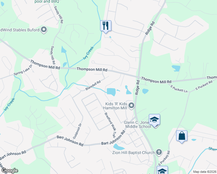 map of restaurants, bars, coffee shops, grocery stores, and more near 3485 Rivers End Place in Buford