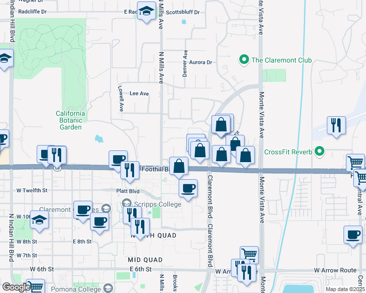 map of restaurants, bars, coffee shops, grocery stores, and more near 4427 Cuernavaca Place in Claremont