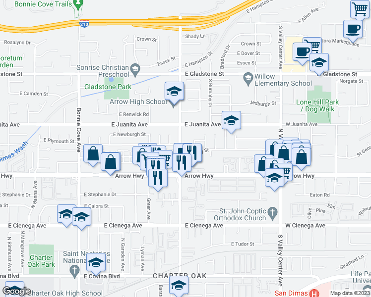 map of restaurants, bars, coffee shops, grocery stores, and more near 1662 South Sunflower Avenue in Glendora