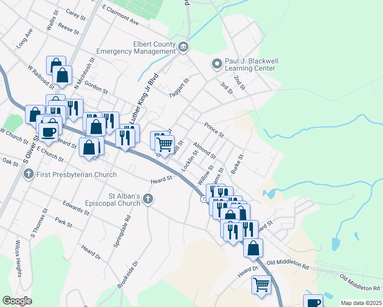 map of restaurants, bars, coffee shops, grocery stores, and more near 227 Locklin Street in Elberton